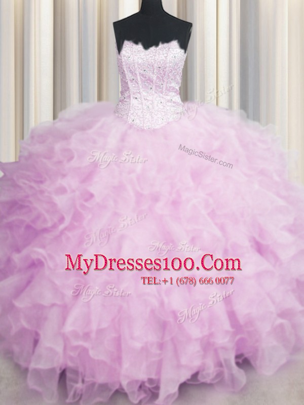 Visible Boning Scalloped Pink Sleeveless Beading and Ruffles Floor Length 15th Birthday Dress