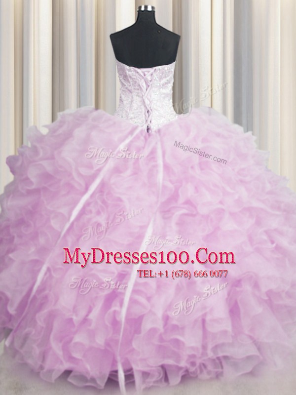 Visible Boning Scalloped Pink Sleeveless Beading and Ruffles Floor Length 15th Birthday Dress