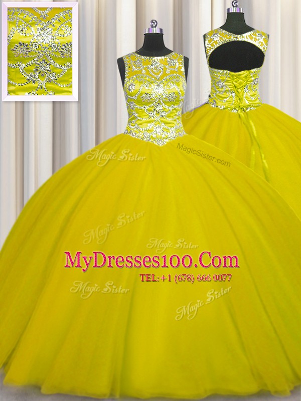 Scoop Floor Length Gold Quinceanera Dresses Tulle Sleeveless Beading