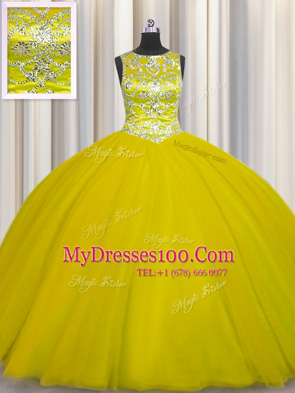 Scoop Floor Length Gold Quinceanera Dresses Tulle Sleeveless Beading