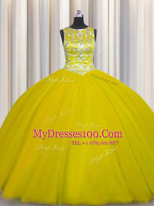 Scoop Floor Length Gold Quinceanera Dresses Tulle Sleeveless Beading