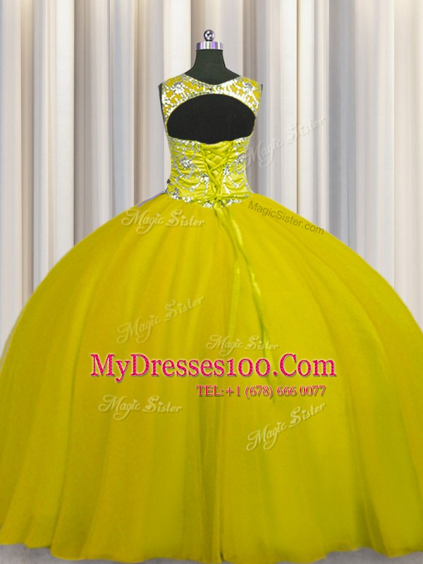 Scoop Floor Length Gold Quinceanera Dresses Tulle Sleeveless Beading