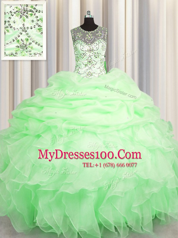 Custom Fit Scoop See Through Sleeveless Lace Up Floor Length Beading and Ruffles and Pick Ups 15th Birthday Dress