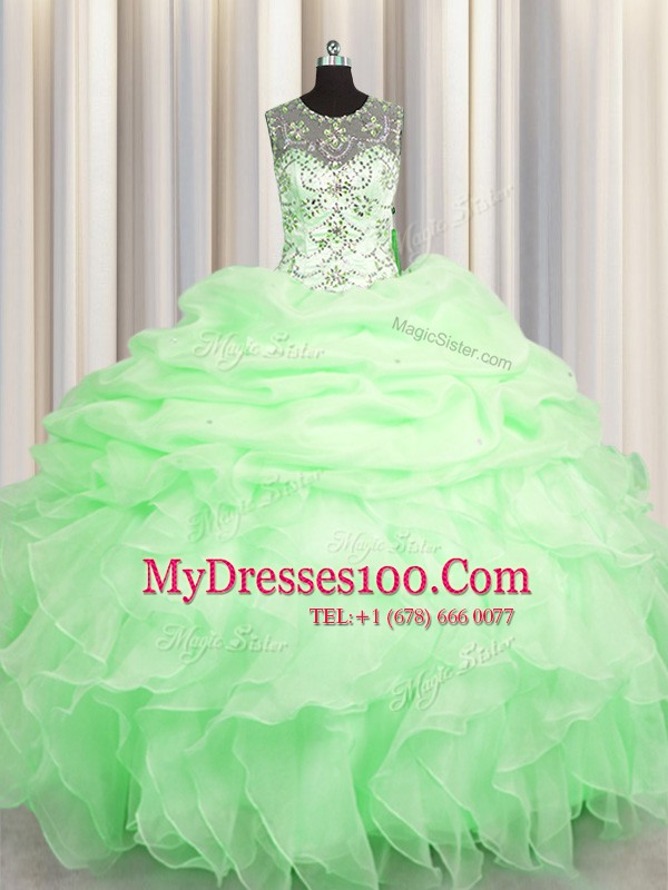 Custom Fit Scoop See Through Sleeveless Lace Up Floor Length Beading and Ruffles and Pick Ups 15th Birthday Dress