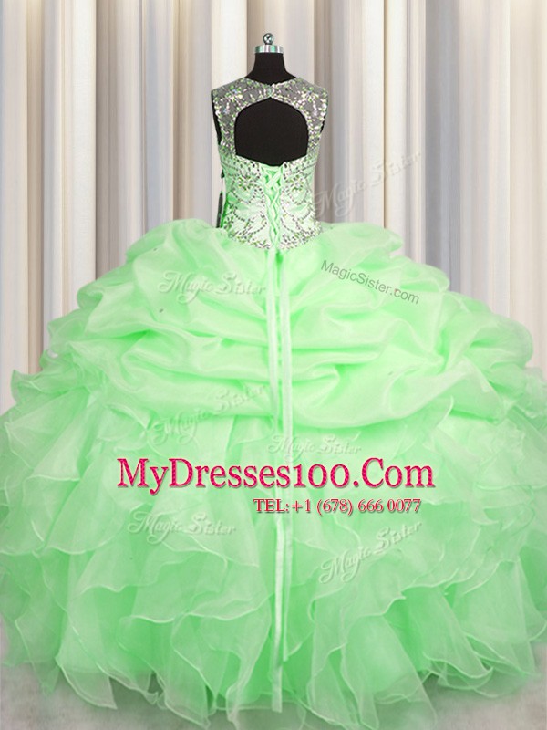 Custom Fit Scoop See Through Sleeveless Lace Up Floor Length Beading and Ruffles and Pick Ups 15th Birthday Dress