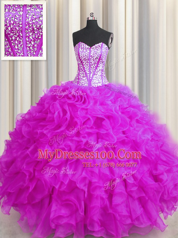 Visible Boning Beaded Bodice Floor Length Fuchsia Ball Gown Prom Dress Organza Sleeveless Beading and Ruffles