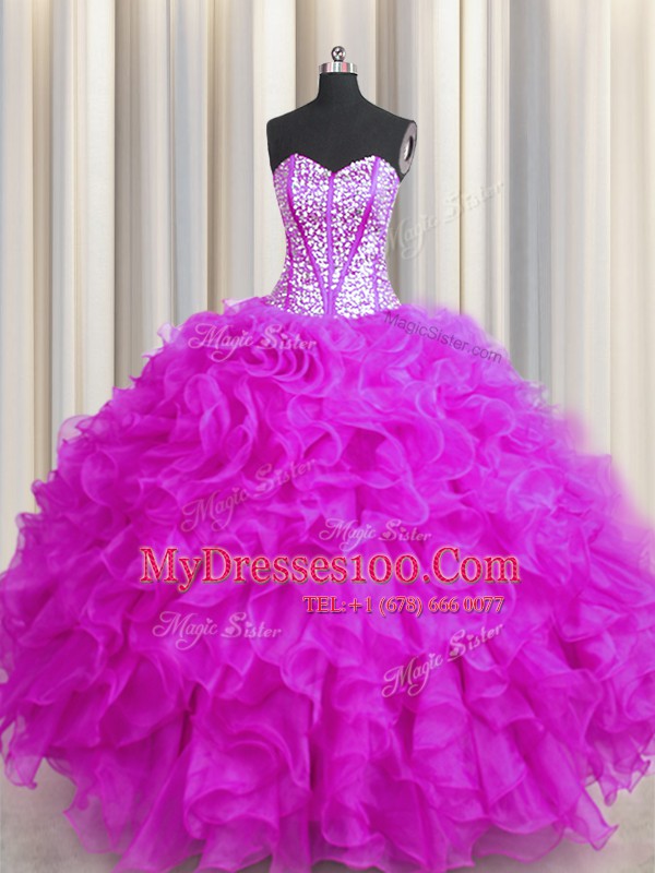 Visible Boning Beaded Bodice Floor Length Fuchsia Ball Gown Prom Dress Organza Sleeveless Beading and Ruffles