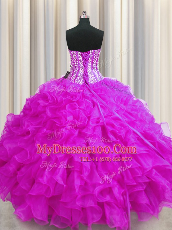 Visible Boning Beaded Bodice Floor Length Fuchsia Ball Gown Prom Dress Organza Sleeveless Beading and Ruffles