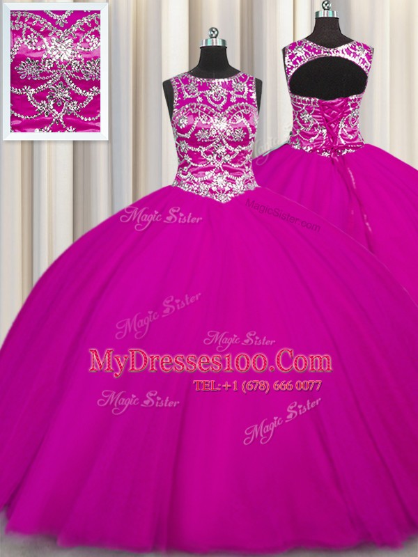 Dazzling Floor Length Fuchsia Sweet 16 Dress Scoop Sleeveless Lace Up