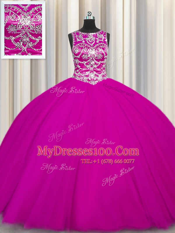 Dazzling Floor Length Fuchsia Sweet 16 Dress Scoop Sleeveless Lace Up
