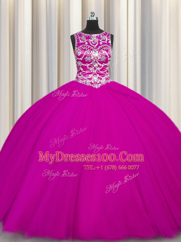Dazzling Floor Length Fuchsia Sweet 16 Dress Scoop Sleeveless Lace Up