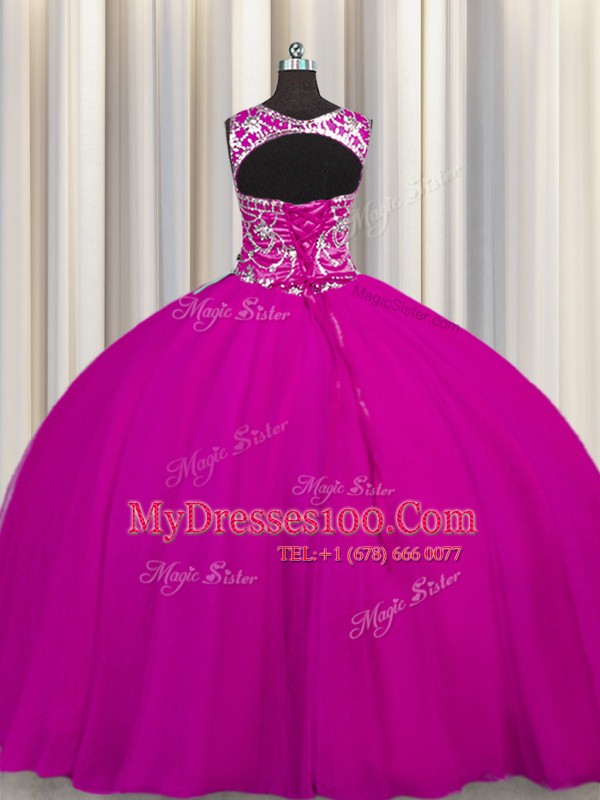 Dazzling Floor Length Fuchsia Sweet 16 Dress Scoop Sleeveless Lace Up
