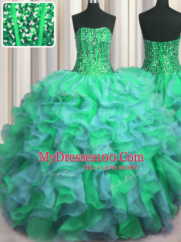 Visible Boning Beaded Bodice Multi-color Lace Up Ball Gown Prom Dress Beading and Ruffles Sleeveless Floor Length