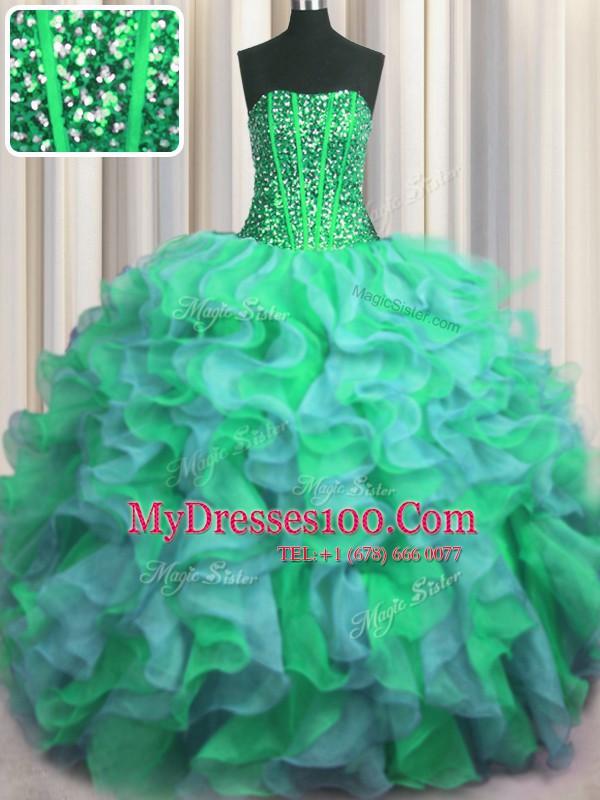 Visible Boning Beaded Bodice Multi-color Lace Up Ball Gown Prom Dress Beading and Ruffles Sleeveless Floor Length