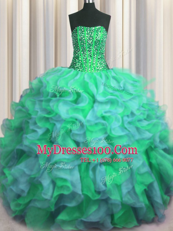 Visible Boning Beaded Bodice Multi-color Lace Up Ball Gown Prom Dress Beading and Ruffles Sleeveless Floor Length