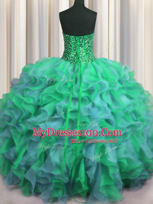 Visible Boning Beaded Bodice Multi-color Lace Up Ball Gown Prom Dress Beading and Ruffles Sleeveless Floor Length