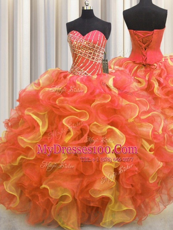 Great Sleeveless Floor Length Beading and Ruffles Lace Up Sweet 16 Quinceanera Dress with Multi-color