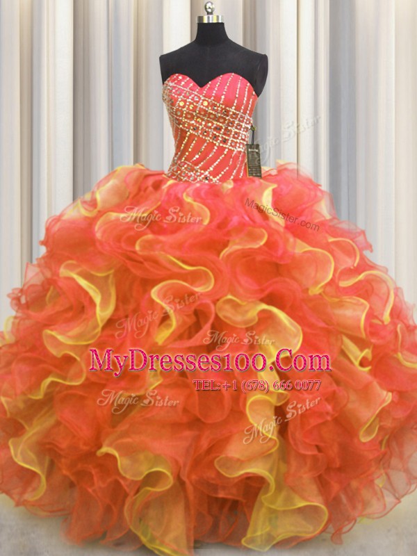 Great Sleeveless Floor Length Beading and Ruffles Lace Up Sweet 16 Quinceanera Dress with Multi-color