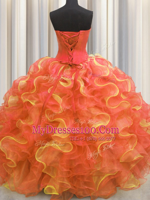 Great Sleeveless Floor Length Beading and Ruffles Lace Up Sweet 16 Quinceanera Dress with Multi-color