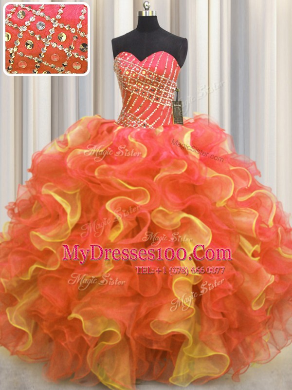 Great Sleeveless Floor Length Beading and Ruffles Lace Up Sweet 16 Quinceanera Dress with Multi-color