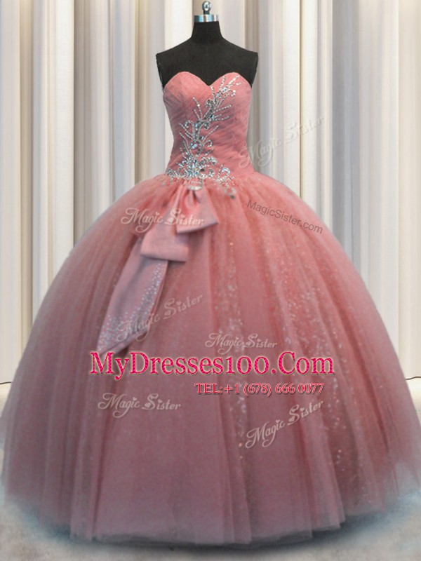 Dazzling Floor Length Watermelon Red Vestidos de Quinceanera Tulle Sleeveless Beading and Sequins and Bowknot