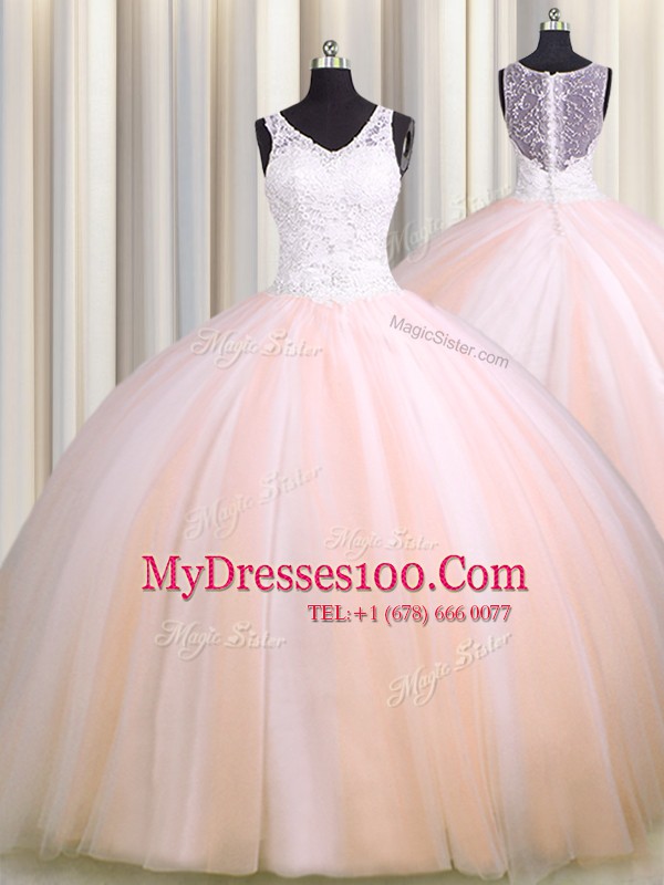 Graceful See Through Back Zipple Up Sleeveless Brush Train Zipper Beading and Appliques Vestidos de Quinceanera