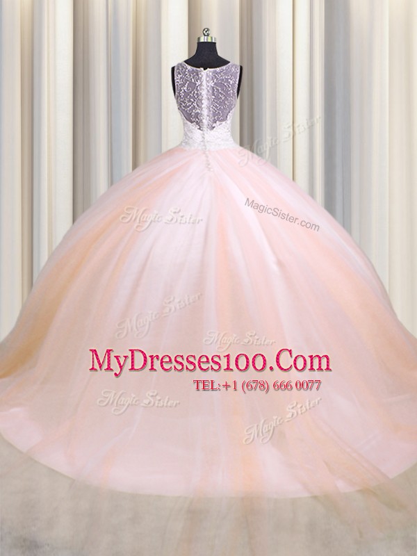 Graceful See Through Back Zipple Up Sleeveless Brush Train Zipper Beading and Appliques Vestidos de Quinceanera