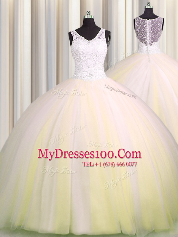 Fitting Zipple Up Brush Train V Neck Light Yellow Ball Gowns Beading and Appliques Sweet 16 Quinceanera Dress Zipper Tulle Sleeveless