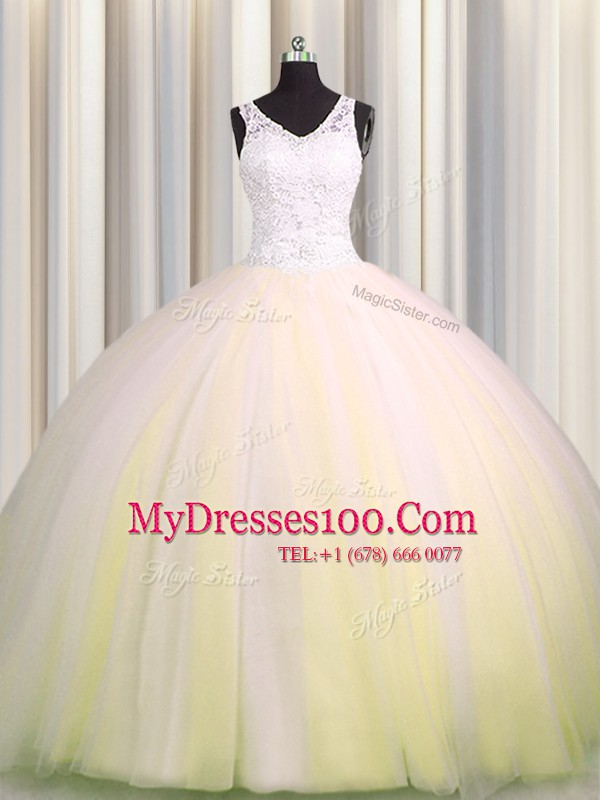 Fitting Zipple Up Brush Train V Neck Light Yellow Ball Gowns Beading and Appliques Sweet 16 Quinceanera Dress Zipper Tulle Sleeveless