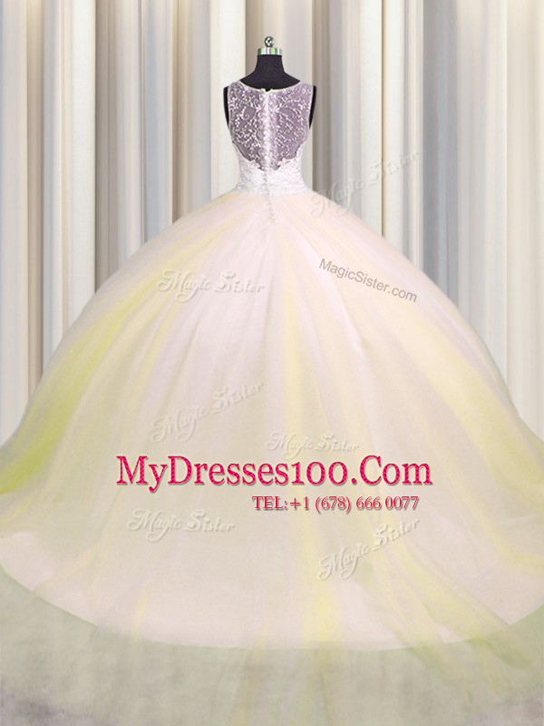 Fitting Zipple Up Brush Train V Neck Light Yellow Ball Gowns Beading and Appliques Sweet 16 Quinceanera Dress Zipper Tulle Sleeveless