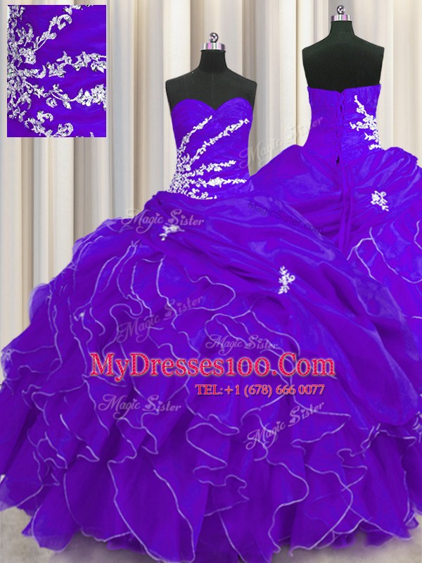 Purple Lace Up Sweetheart Beading and Appliques and Ruffles Ball Gown Prom Dress Organza Sleeveless