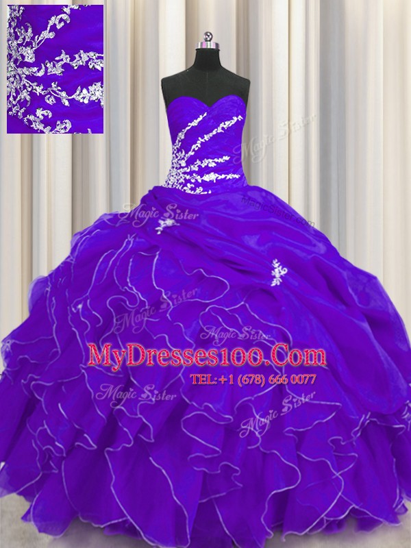 Purple Lace Up Sweetheart Beading and Appliques and Ruffles Ball Gown Prom Dress Organza Sleeveless