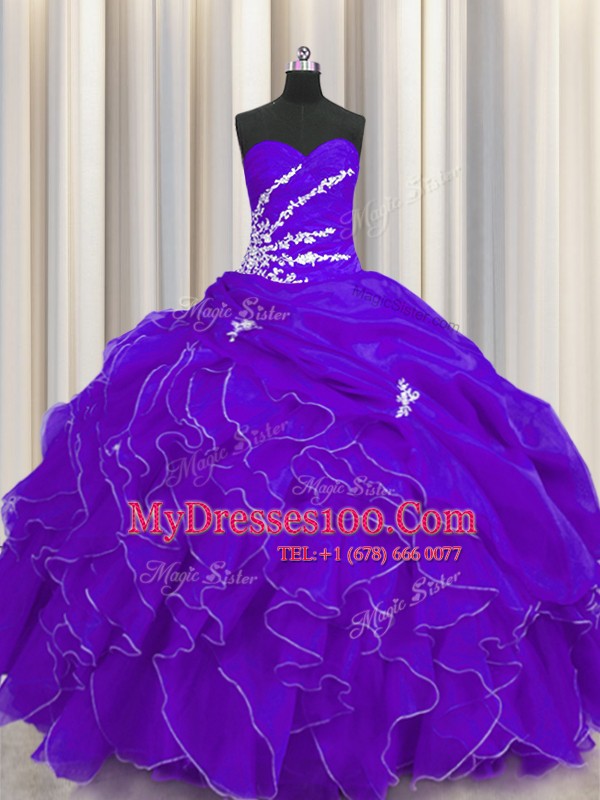 Purple Lace Up Sweetheart Beading and Appliques and Ruffles Ball Gown Prom Dress Organza Sleeveless