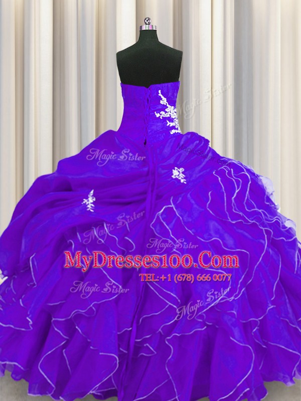 Purple Lace Up Sweetheart Beading and Appliques and Ruffles Ball Gown Prom Dress Organza Sleeveless