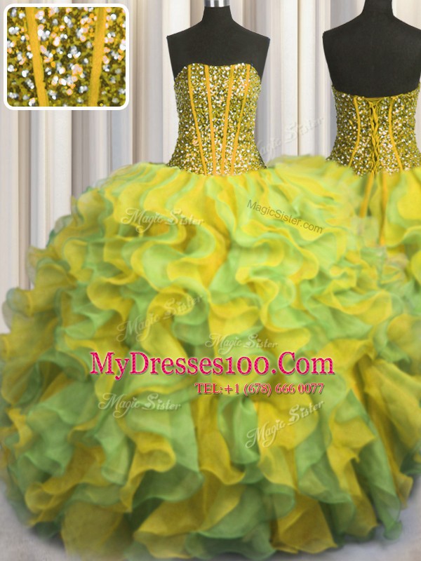 Visible Boning Bling-bling Multi-color Lace Up Strapless Beading and Ruffles Ball Gown Prom Dress Organza Sleeveless