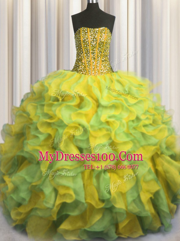 Visible Boning Bling-bling Multi-color Lace Up Strapless Beading and Ruffles Ball Gown Prom Dress Organza Sleeveless