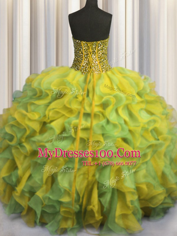 Visible Boning Bling-bling Multi-color Lace Up Strapless Beading and Ruffles Ball Gown Prom Dress Organza Sleeveless