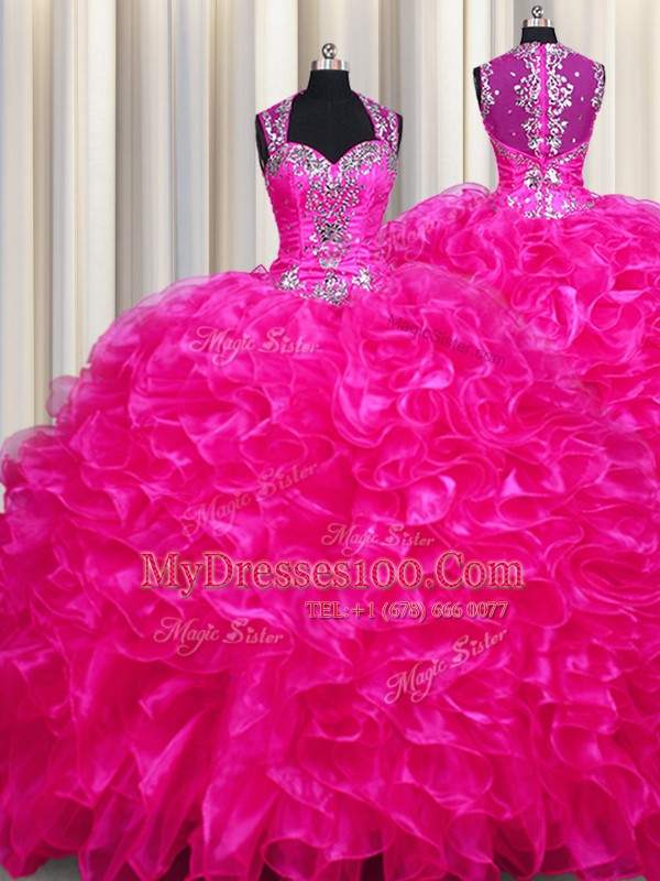 Zipper Up See Through Back Straps Sleeveless Ball Gown Prom Dress With Train Sweep Train Beading and Ruffles Fuchsia Organza