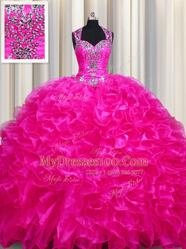 Zipper Up See Through Back Straps Sleeveless Ball Gown Prom Dress With Train Sweep Train Beading and Ruffles Fuchsia Organza