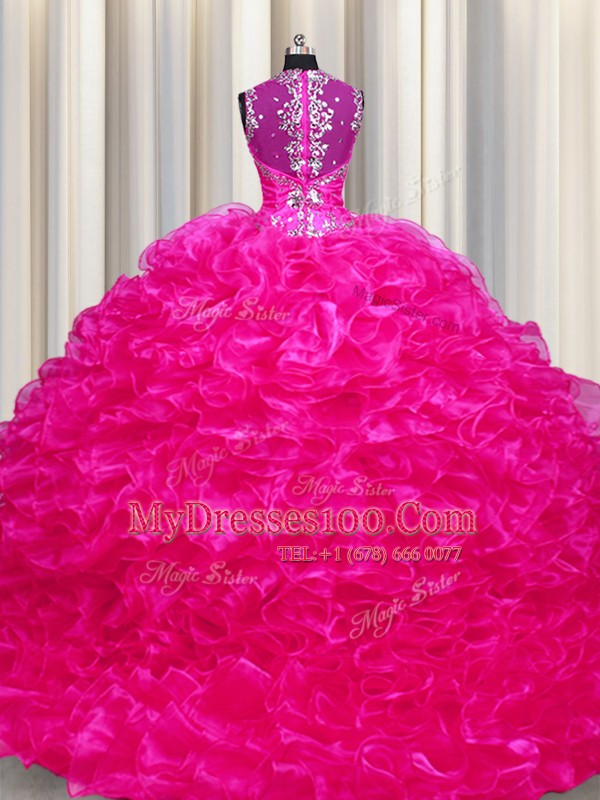 Zipper Up See Through Back Straps Sleeveless Ball Gown Prom Dress With Train Sweep Train Beading and Ruffles Fuchsia Organza
