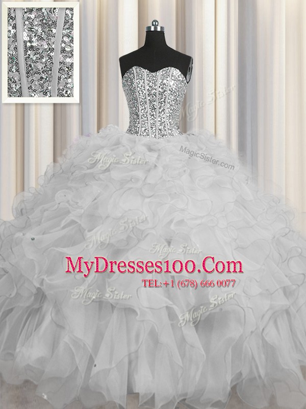 Visible Boning Floor Length Ball Gowns Sleeveless Grey 15th Birthday Dress Lace Up