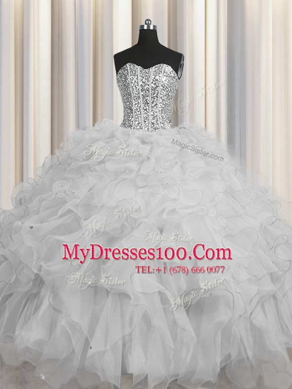 Visible Boning Floor Length Ball Gowns Sleeveless Grey 15th Birthday Dress Lace Up