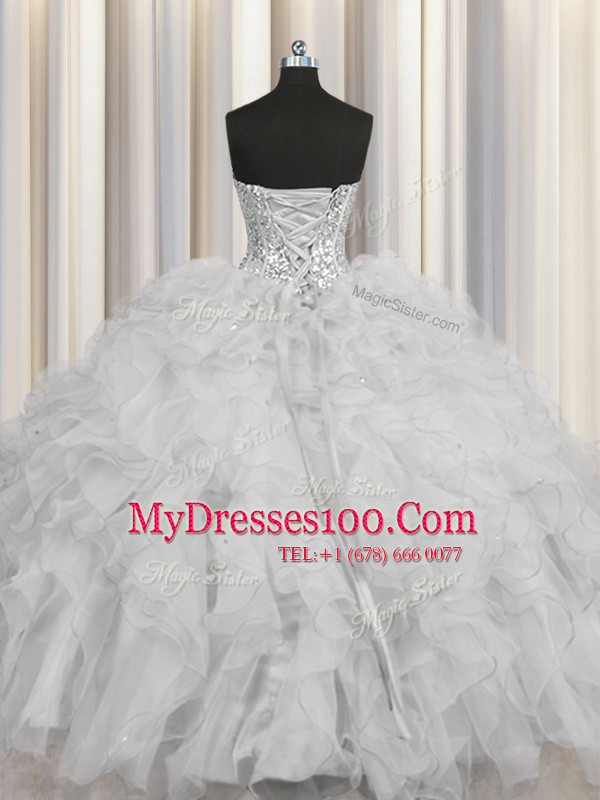 Visible Boning Floor Length Ball Gowns Sleeveless Grey 15th Birthday Dress Lace Up