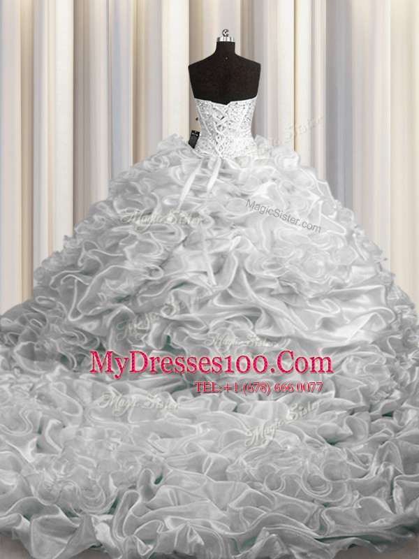 Court Train Grey Sleeveless Floor Length Beading and Pick Ups Lace Up Quince Ball Gowns