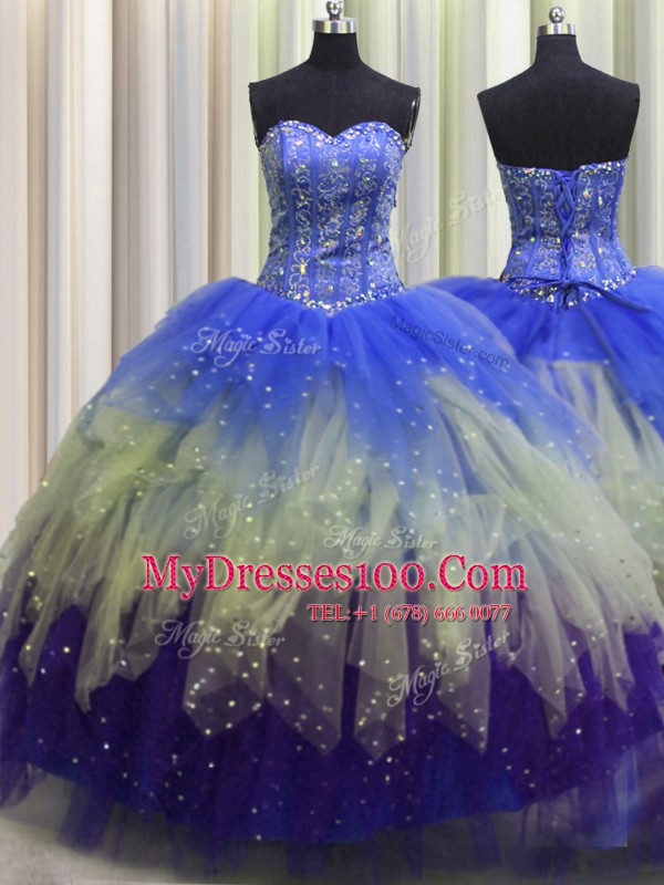 Visible Boning Sweetheart Sleeveless Quinceanera Dresses Floor Length Beading and Ruffles and Sequins Multi-color Tulle