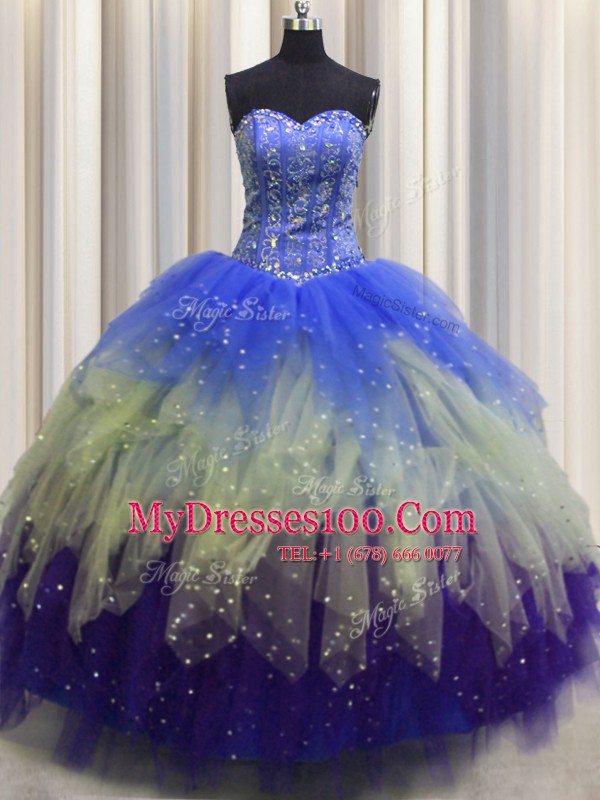 Visible Boning Sweetheart Sleeveless Quinceanera Dresses Floor Length Beading and Ruffles and Sequins Multi-color Tulle