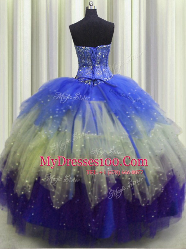 Visible Boning Sweetheart Sleeveless Quinceanera Dresses Floor Length Beading and Ruffles and Sequins Multi-color Tulle