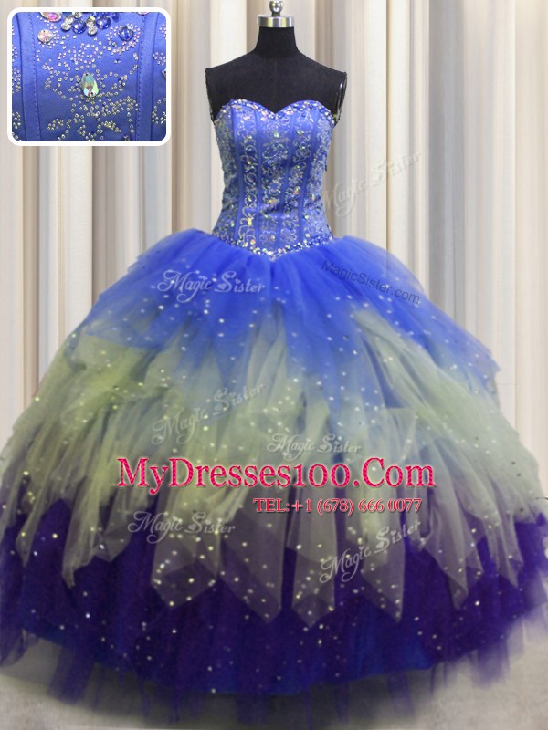 Visible Boning Sweetheart Sleeveless Quinceanera Dresses Floor Length Beading and Ruffles and Sequins Multi-color Tulle