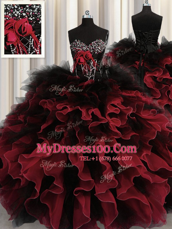 Red And Black Ball Gowns Organza and Tulle Sweetheart Sleeveless Beading and Ruffles Floor Length Lace Up Sweet 16 Quinceanera Dress