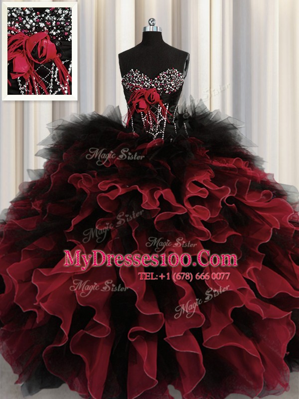Red And Black Ball Gowns Organza and Tulle Sweetheart Sleeveless Beading and Ruffles Floor Length Lace Up Sweet 16 Quinceanera Dress